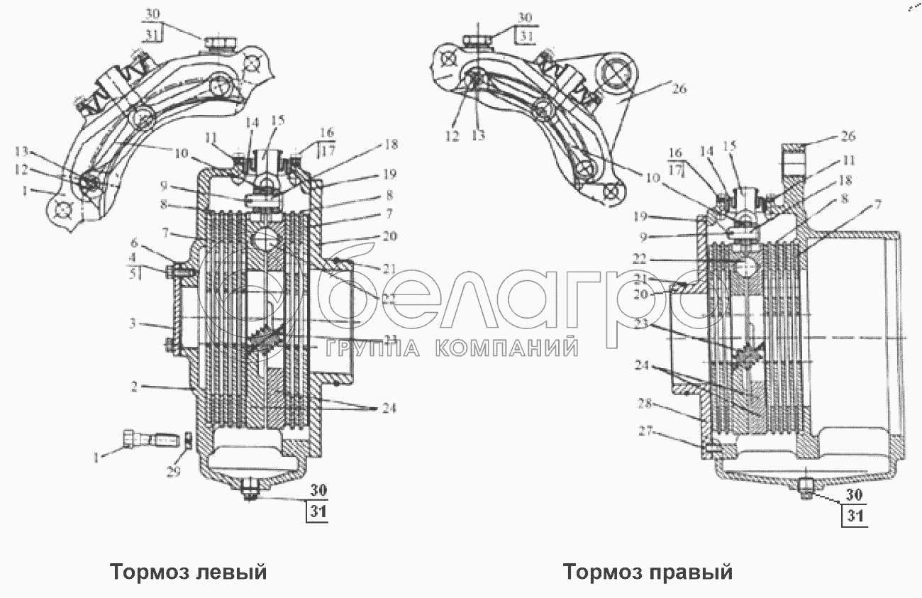Робочі гальма (ліве 1522М-3502010-02/праве 1221М-3502020-01)