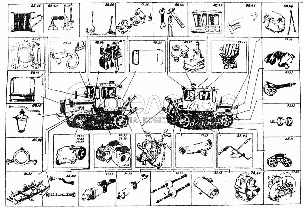 Рисованное оглавление шасси трактора ДТ-75МВ